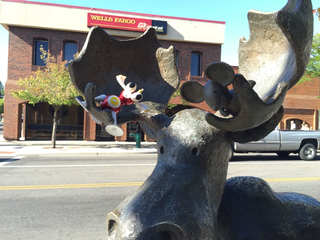 Millie the Moose if very pleased to make Flip’s acquaintance in downtown Coeur d’Alene.