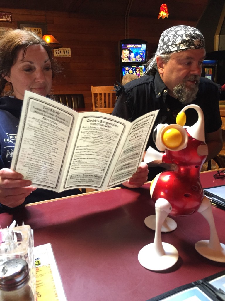 At our soon-to-be favorite restaurant in Depoe Bay, Gracie’s Sea Hag, head hag and her hagger peruse the options while we wait on our condo to be ready.